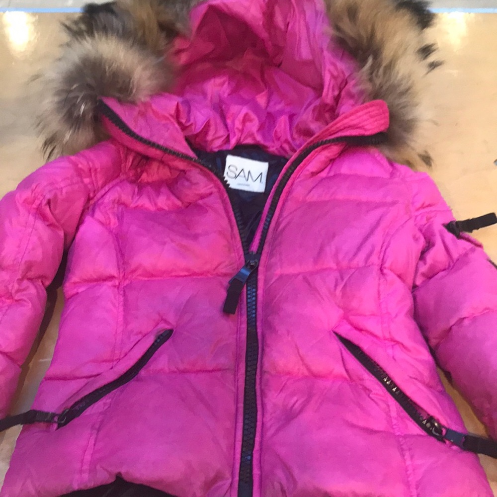 SAM. Girls Pink Puffer Jacket with Faux Fur Hood